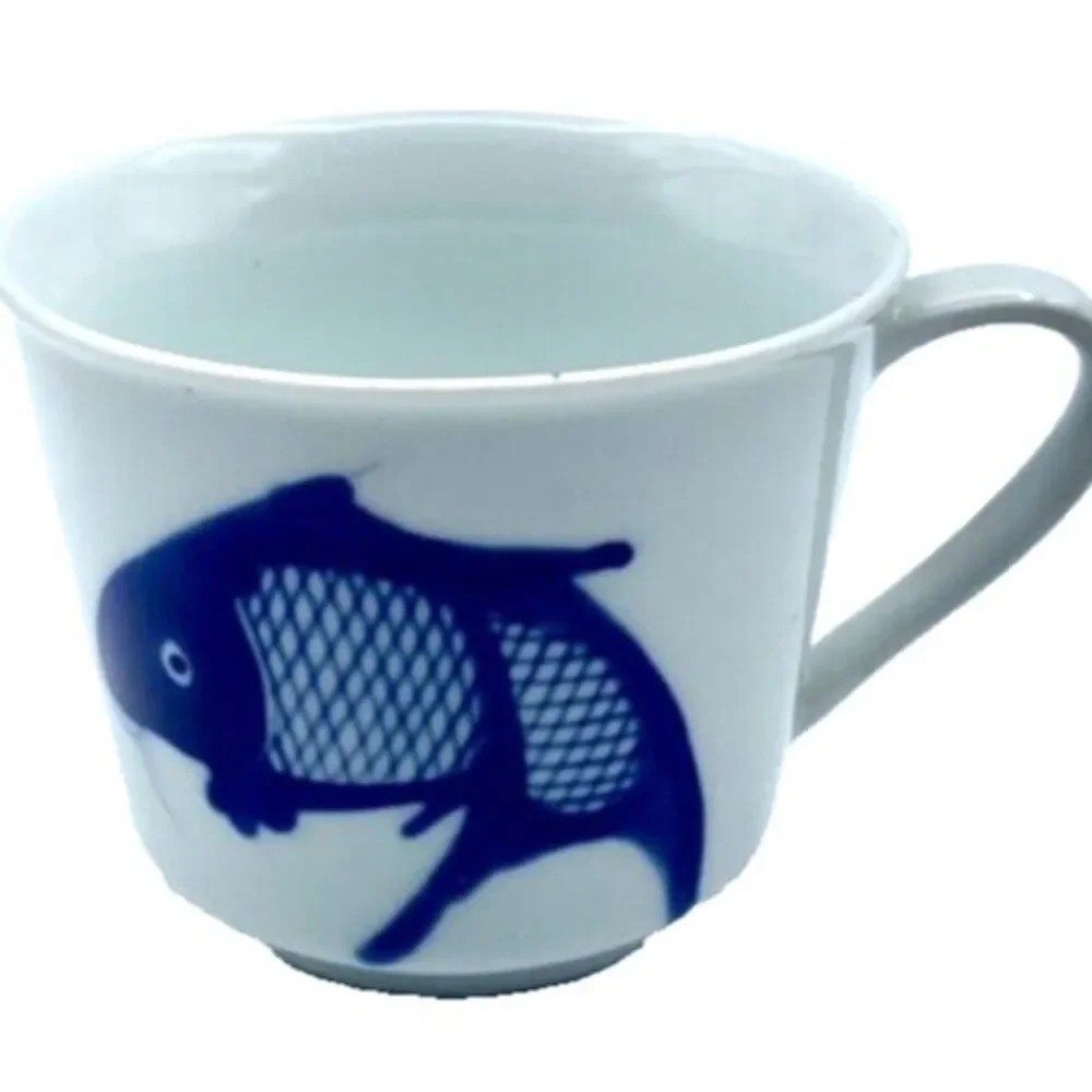 2 Blue & White Koi Fish Carp Tea Cups Mugs Hand Painted Porcelain Vintage
